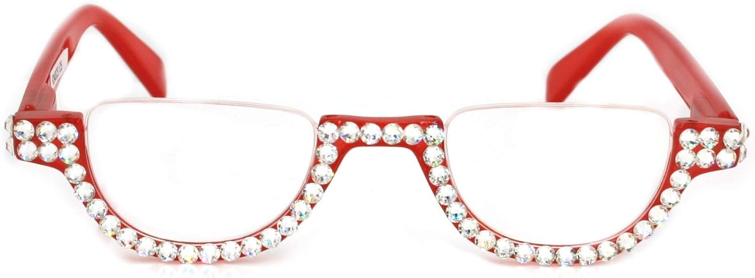 The Half Moon, Crystal Bling Reading Glasses Women Adorned with Clear European Crystals, Red. NY Fifth Avenue.