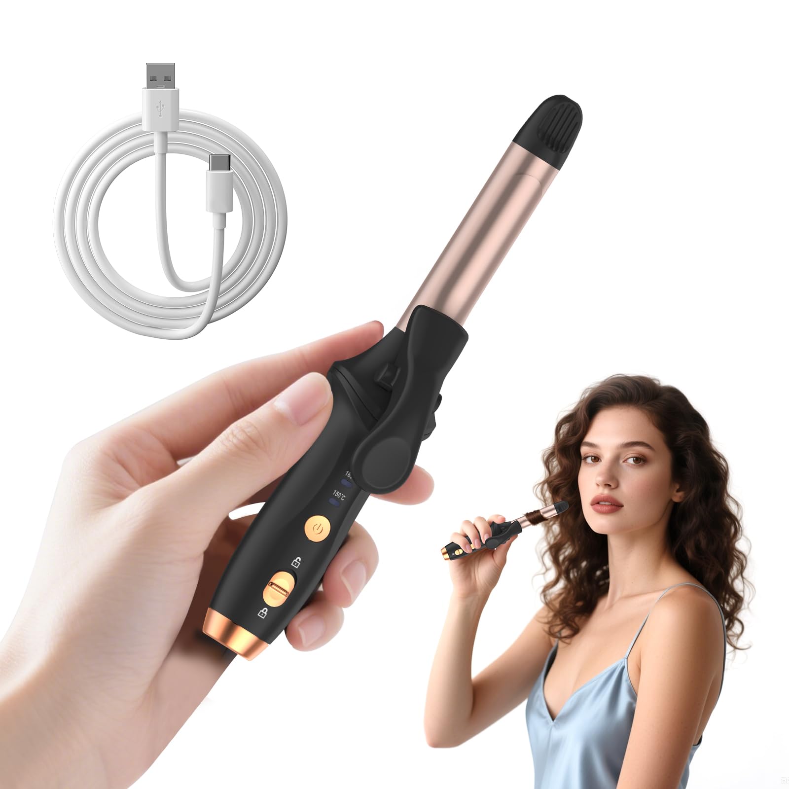 Cordless Curling Iron Hair Curler Mini USB Rechargeable 4000 mAh 3 Temp Setting Travel Portable 200 Million Negative