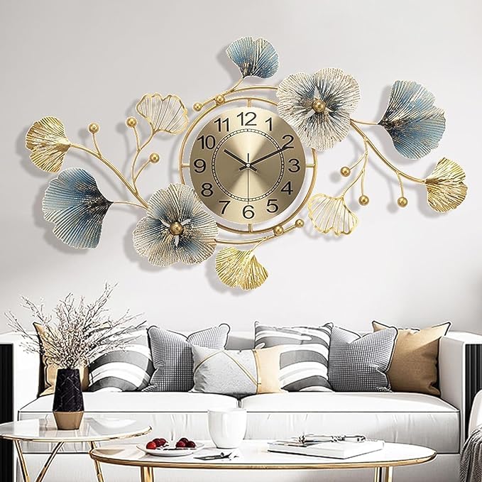 Image of Brass Design Studio Large Wall Clock Decor, Modern 3D Metal Ginkgo Leaf Design Wall Clocks Decorative Silent Non-Ticking for Living Room, Bedroom and Office (20X 30 Inch) Gold