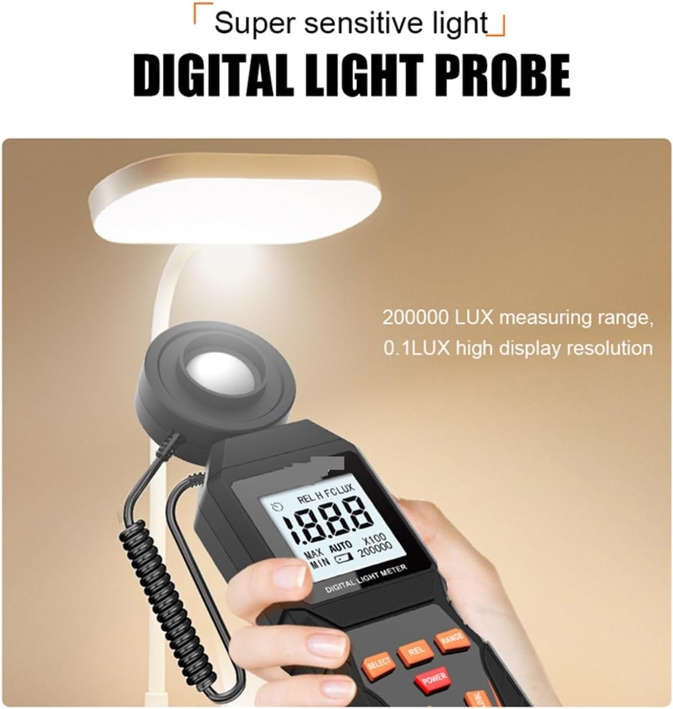 Photographic Light Meters Digital Lux Meter Max 200,000Lux Lux Meter Brightness Lux Fc Test Lux Meter Photometer Car LCD Lux Meter for Plants Aquarium Light Tester
