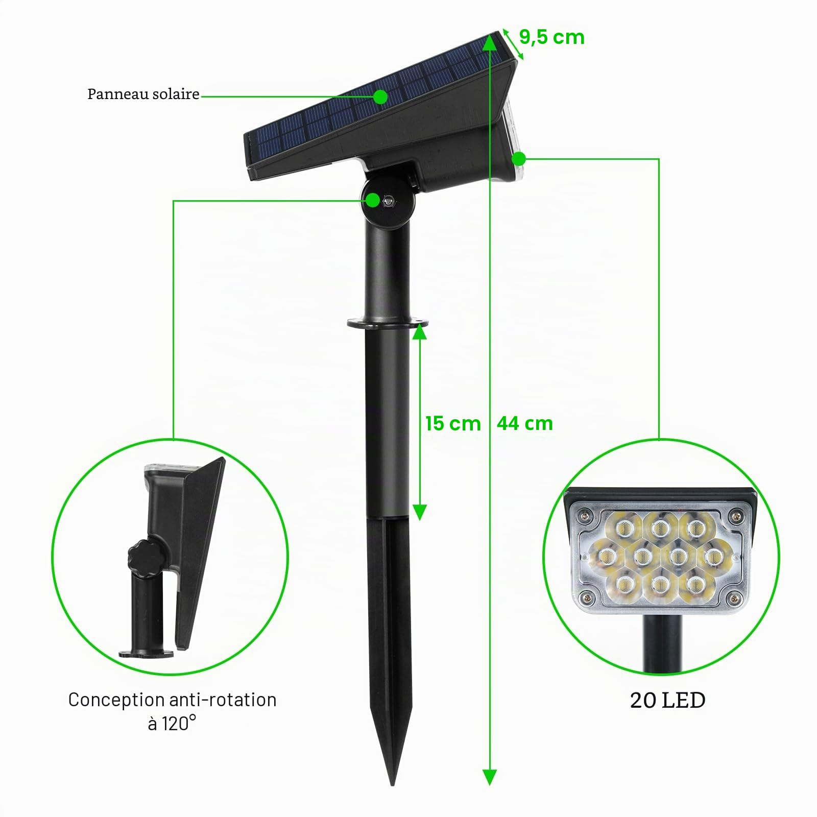 T-SUN 4 Packs Spot Solaire Exterieur Vert Lumiere Solaire Jardin, Lampe Solair Étanche avec 2 Modes, sans Fil Éclairage Solaire Exterieur, Projecteur Solaire Réglable pour Chemins, Jardin