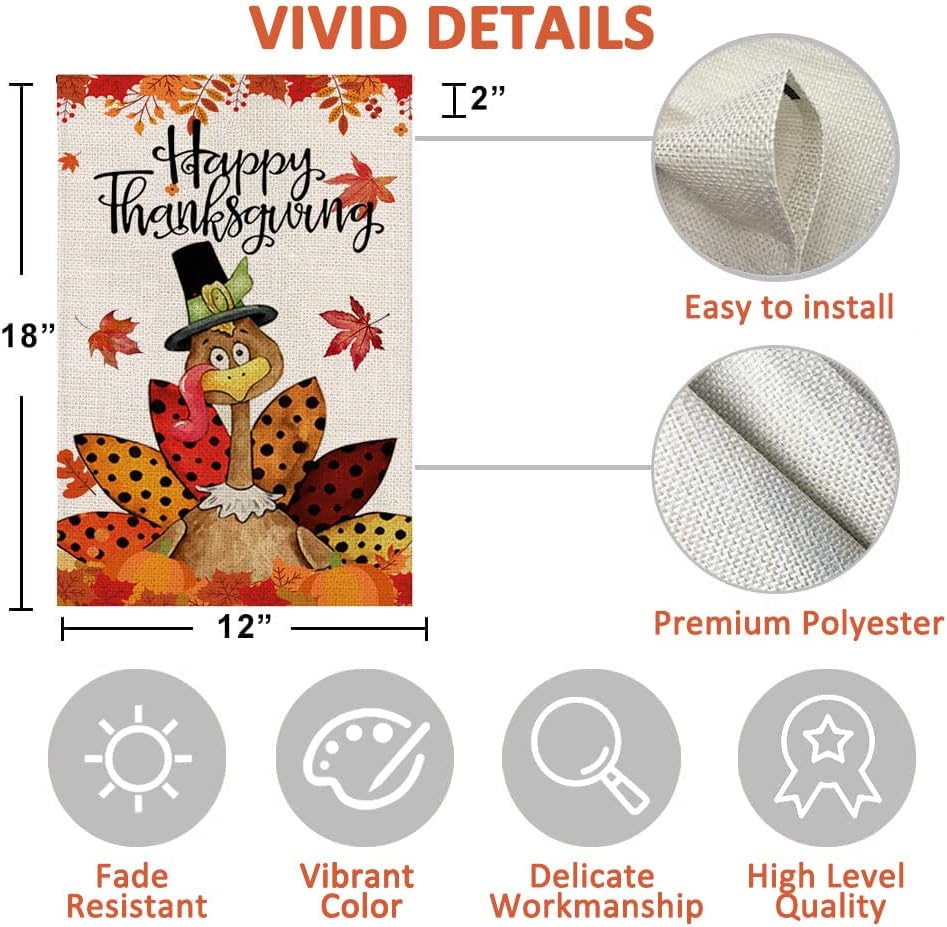 Happy Thanksgiving Garden Flags 12x18 inch Turkey with Pumpkins Double Sided Seasonal Yard Flag for Fall Harvest Autumn House Decoration Outdoor - Image 3