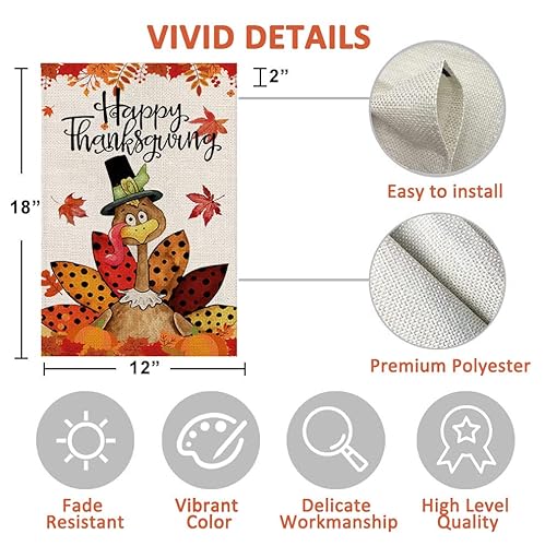 Whongkidz FALL Happy Thanksgiving Garden Flags 12X18 Inch Turkey With Pumpkins Double Sided Seasonal Yard Flag For Fall Harvest Autumn House Decoration Outdoor thumb #2
