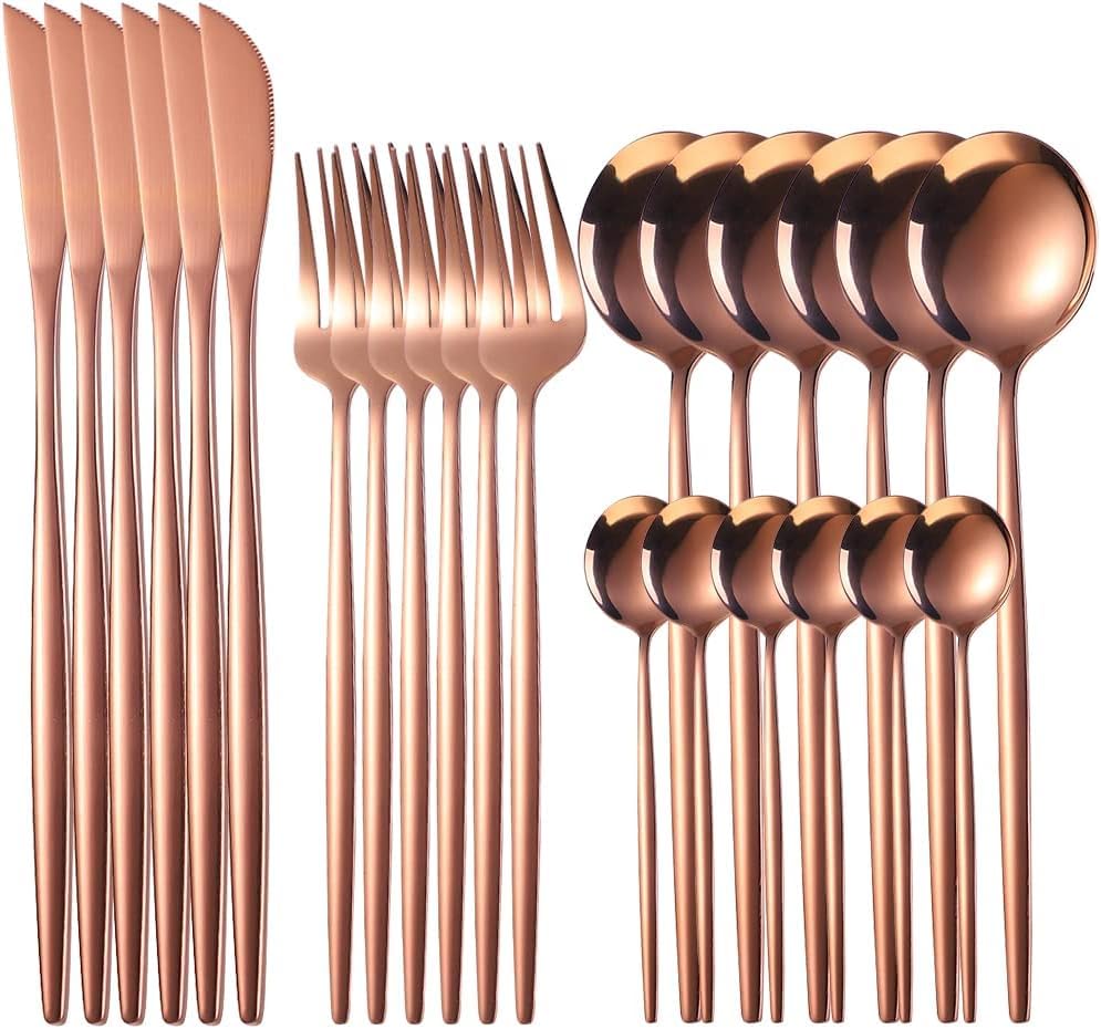 Cutlery Set 24 Peices Stainless Steel Tableware Dinner Mirror Polished Surving for 6 Set of Knives Spoons Forks Kitchen Utensils Tablespoon Skewer Accessories Home & Restaurant (ROSE GOLD)