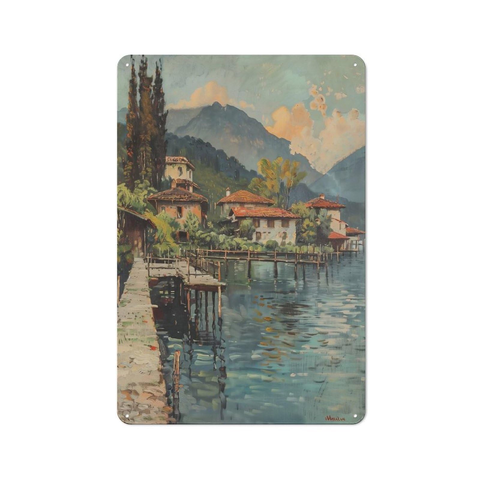 Junmoney Style-6 Tin Wall Sign With Lakeside Village Painting Design 30X20cm, Classic Kitchen Wall Decor For Restaurant, Kitchen, Counter Or Breakfast Nook