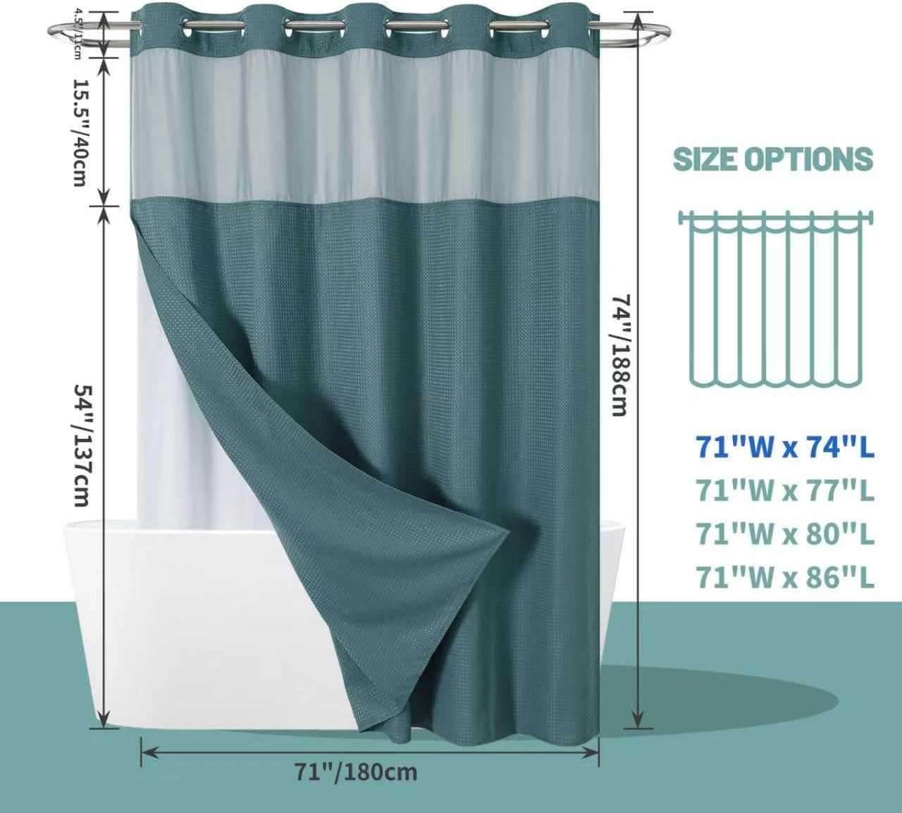 SeawedGreen No Hook Waffle Weave Shower Curtain with snap-in Liner Replacement, 230GSM Waterproof Fabric Hotel Shower Curtain Set for Bathroom, Through Mesh Top Window,71Wx74H