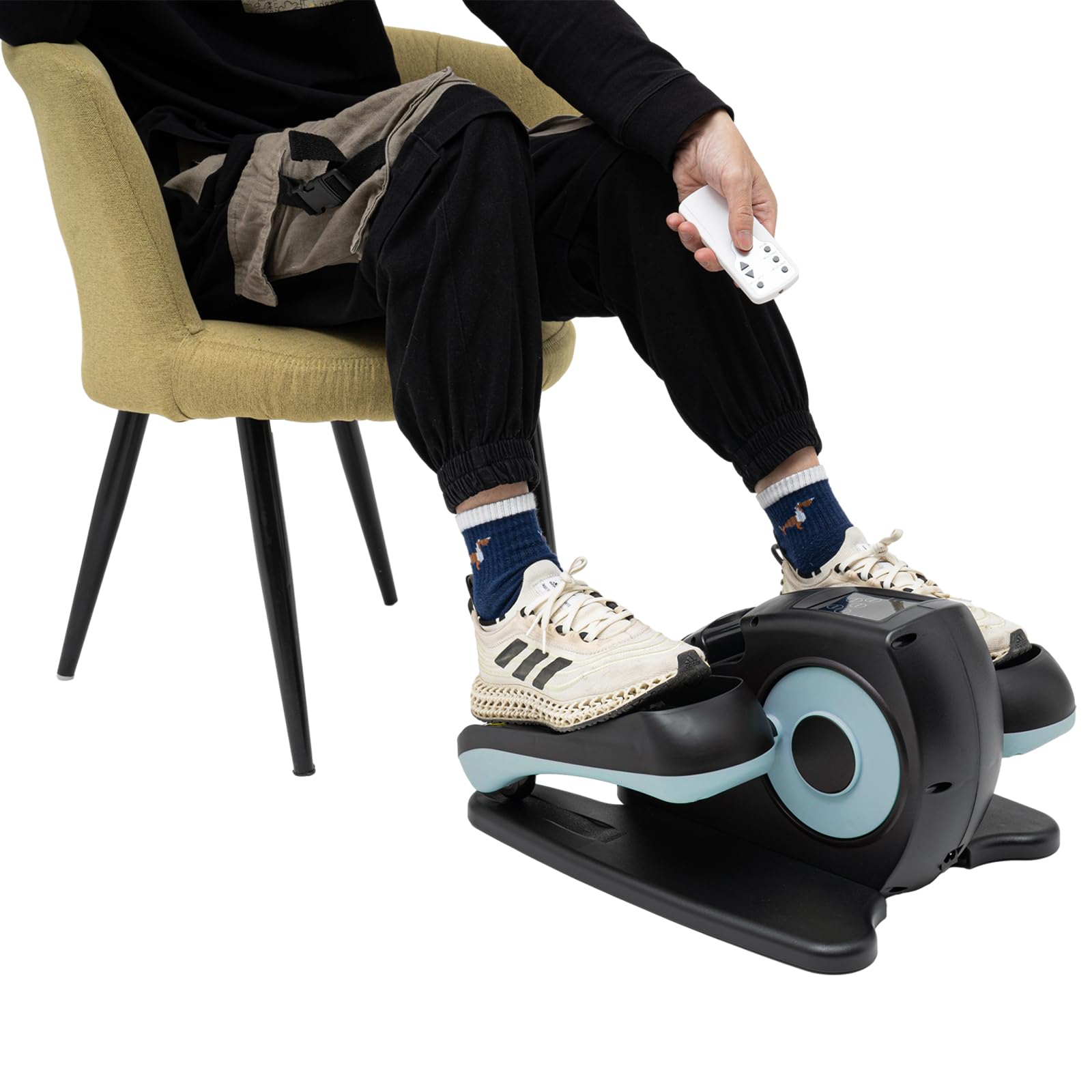 Mini Elektrischer Ellipsentrainer, Fußtrainer Elektrisch mit Anzeige und Fernbedienung, Motorisierter Beintrainer im Sitzen zur für Senioren und Erwachsene, Blau