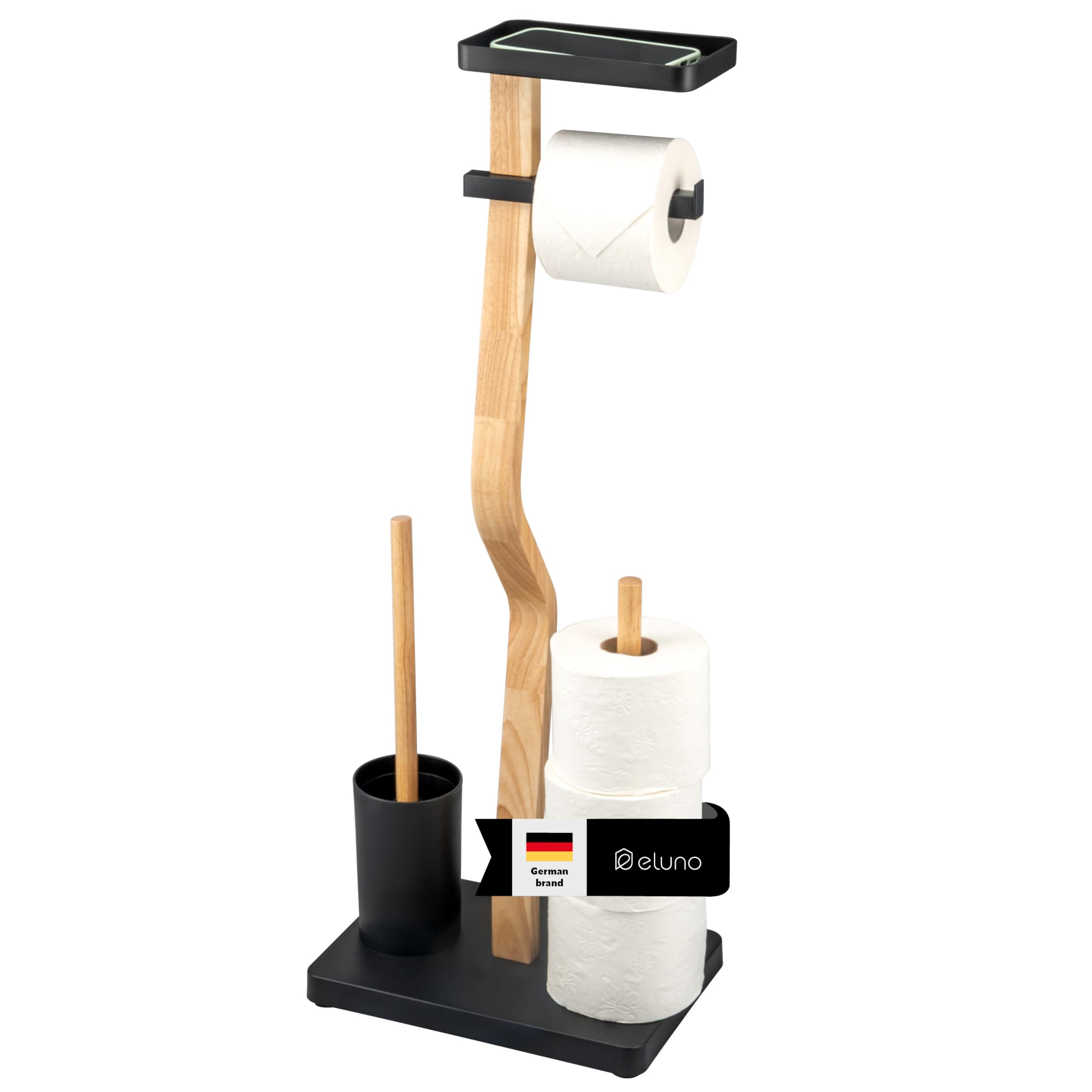 eluno Set WC 4 in 1, set WC autoportante con scopino per WC, 2 testine di ricambio, porta rotolo per 3 ruote e ripiano, in legno certificato FSC e metallo (nero)