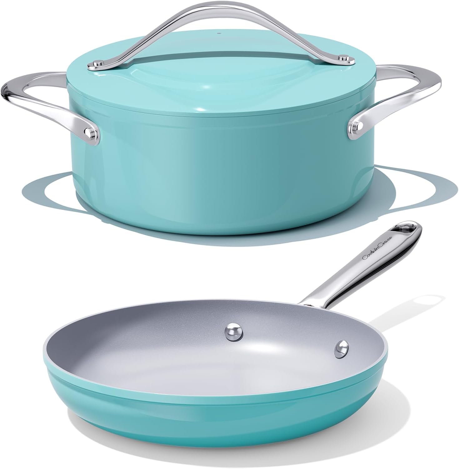 Nonstick Ceramic Cookware Set- 4.5qt Dutch Oven & 10" Frying Pan, PFAS/PFOA/PTFE-Free, All Cooktops Compatible, Oven Safe to 500°F Even Heat Distribution (Caribbean Blue)