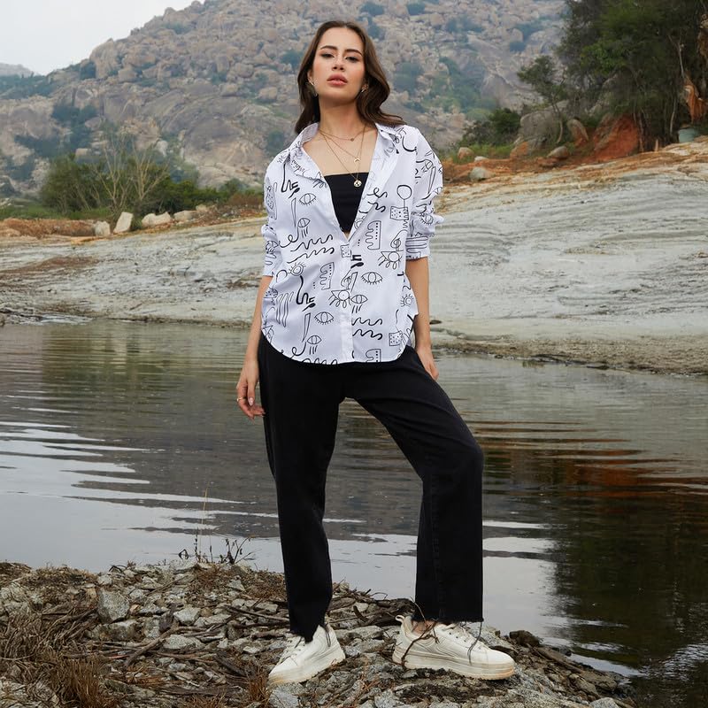Image of PINACOLADA Women's Solid Oversized Shirt for Casual Wear | Spread Collar | Long Sleeve | Button Closure | Oversized Shirt Crafted with Comfort Fit for Everyday Wear