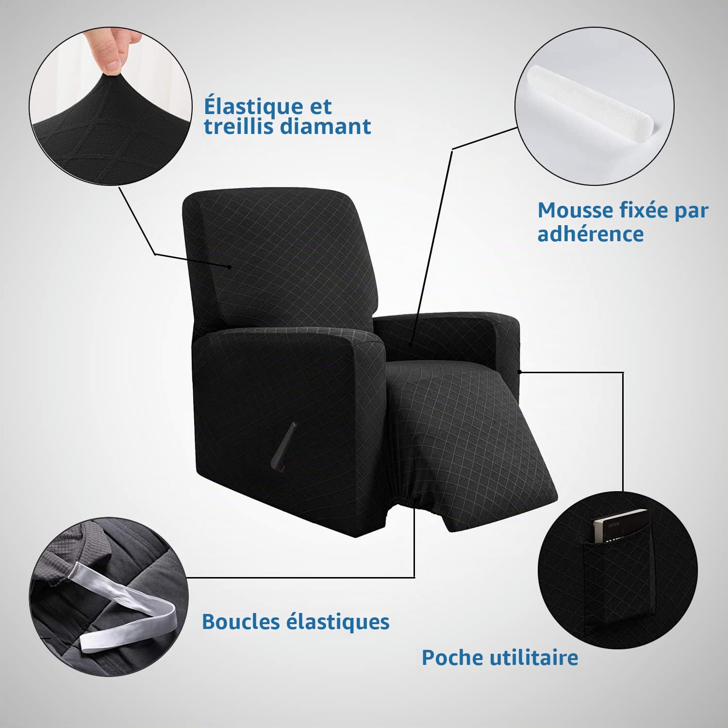 E EBETA élastique Housse de Fauteuil, Housse de Fauteuil à Oreilles Tissu Doux Polyester Protecteur pour Chaise Canapé (Noir)
