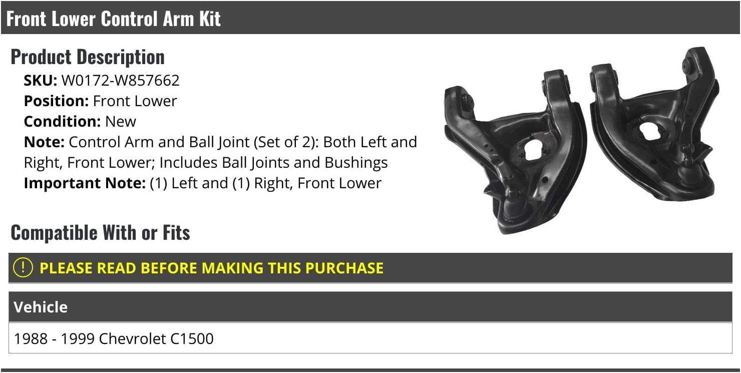 Marketplace Auto Parts Front Lower Control Arm and Ball Joint Assembly Kit (with Bushings) - Set of 2, Left and Right - Compatible with 1988-1999 Chevy C1500