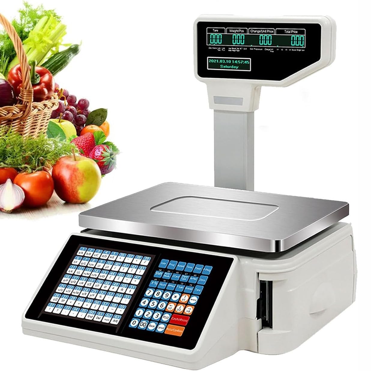 JKJZSALJ Electronic Label Printing Scales,Commercial Digital Weighing Receipt Printer Scales,30Kg/60Lbs Large Capacity,Dual Screen Display,63 Shortcut Keys