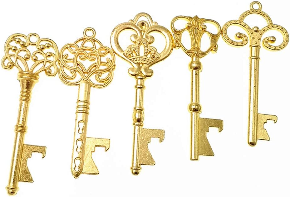 Black Friday - 80% OFF Kinteshun Wedding Party Favor Set,Skeleton Key Bottle Openers Candy Boxes Escort Tags and Ribbon Souvenir Gift Set(Gold Tone,50 sets with 5 Styles)