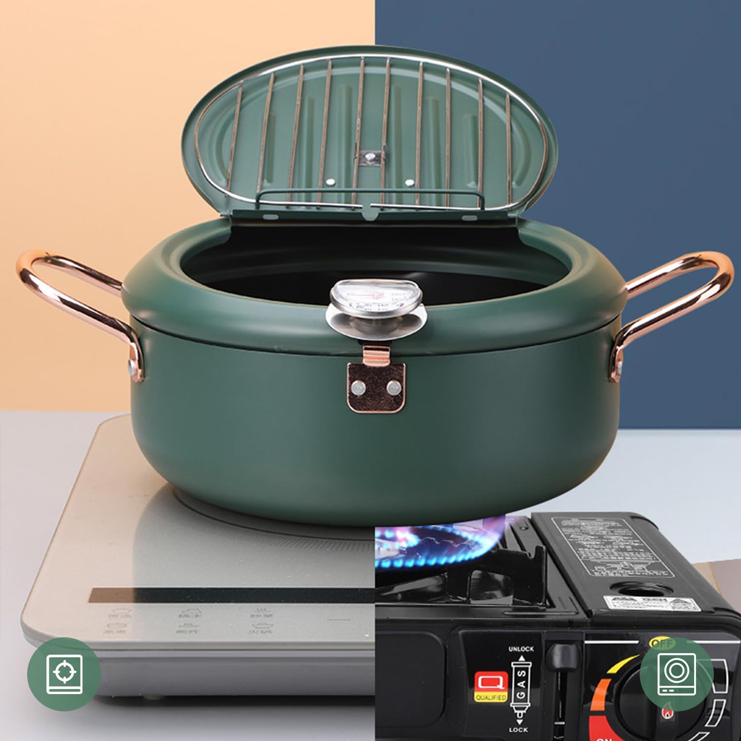 Pentola per Friggere in Acciaio Inossidabile, Friggitrice per Tempura con Termometro, Coperchio e Scolagocce per Olio, Padella non Rivestita in Stile Giapponese per Patatine Fritte, Pesce, Gamberi