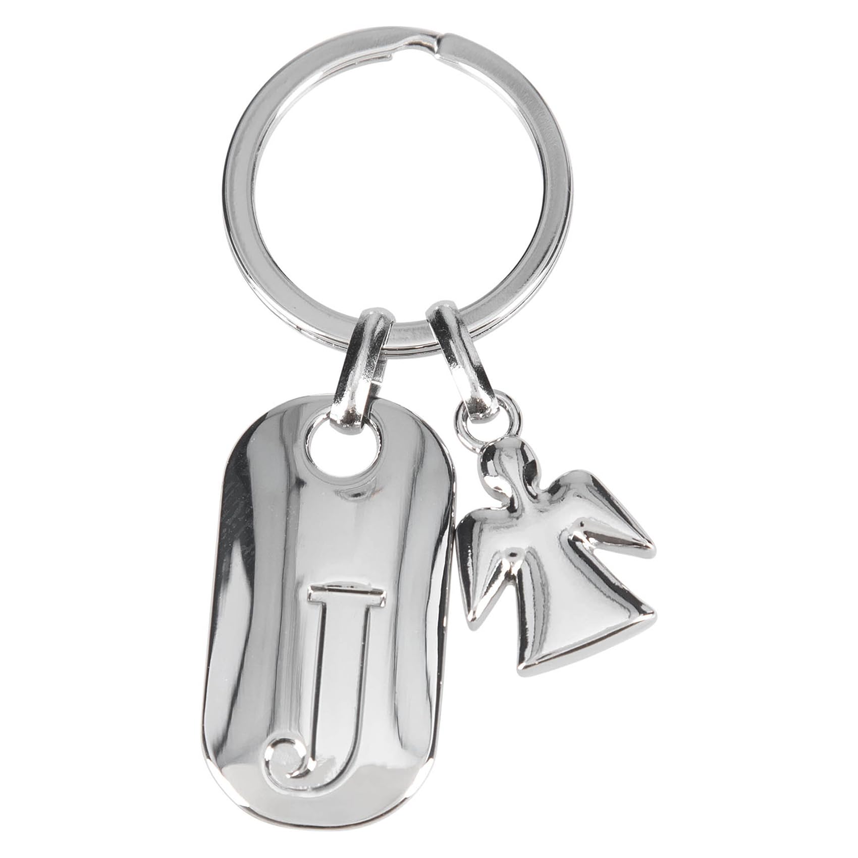 Depesche-11800-011 11800-011 Silver Key Ring with Guardian Angel Letter J and Guardian Angel Zinc Alloy Coloured Velvet Pouch Included, Multicoloured, One Size