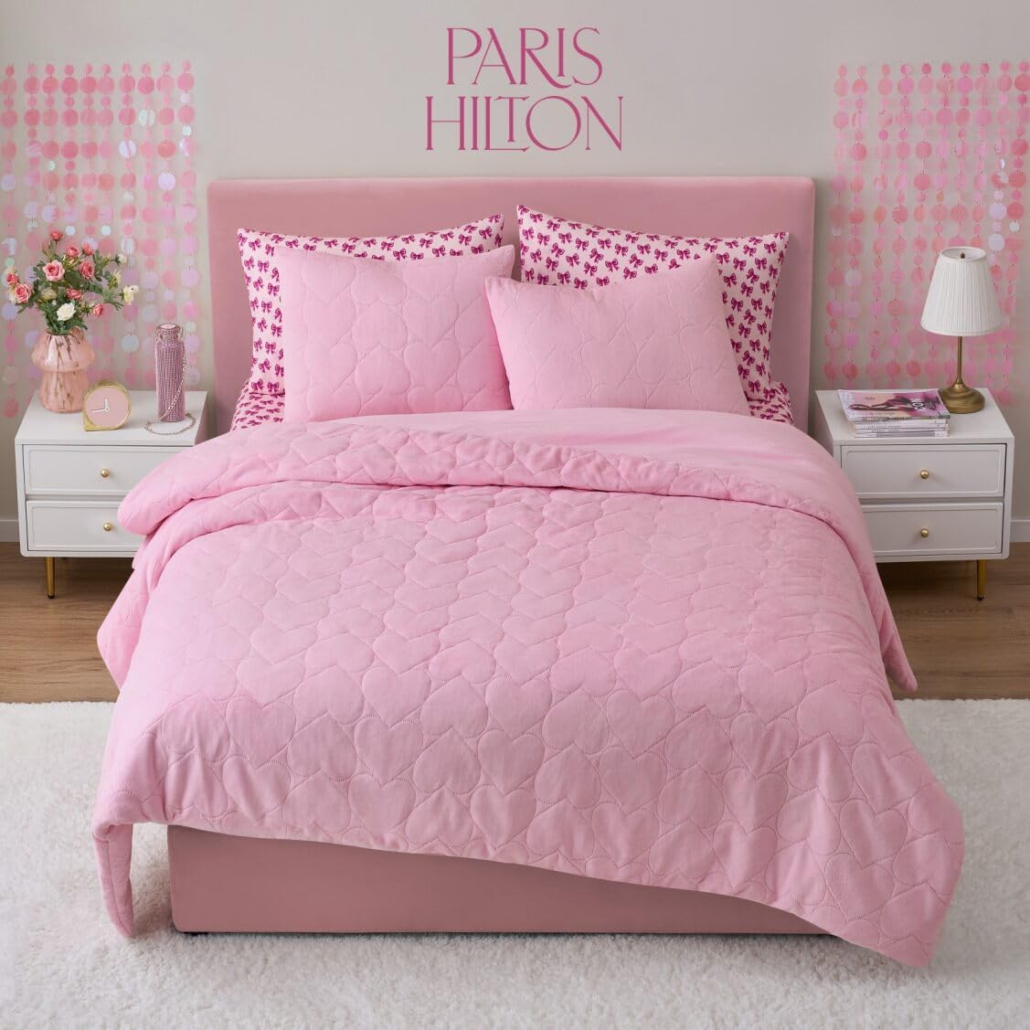 Paris Hilton 3 Piece Full/Queen Comforter Set with 2 Pillow Shams - Soft Warm Chic & Lightweight Quilted Full Bed Spreads, Housewarming & Birthday Gifts for Women & Teen Girls, Pink Hearts (Miranda) | Cute Designs