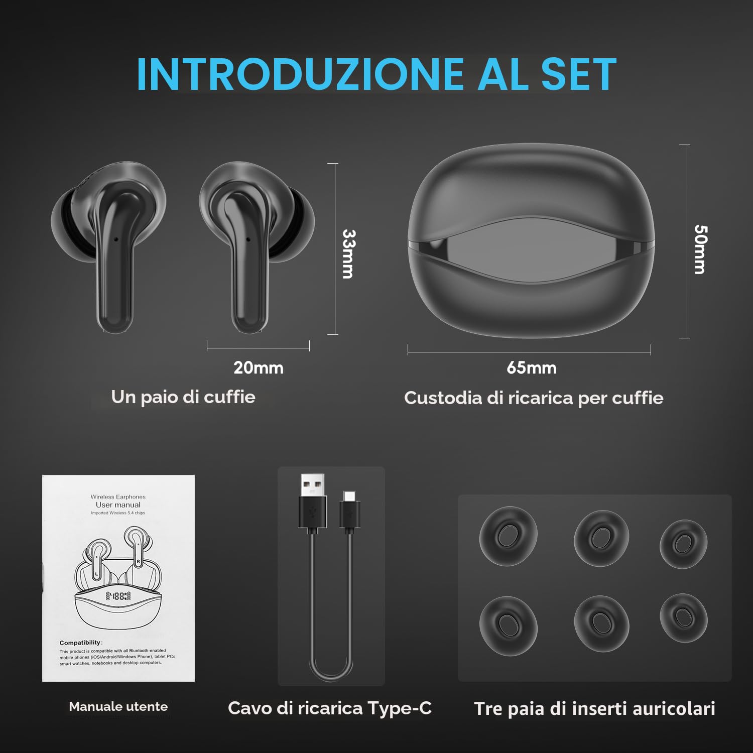 Cuffie Bluetooth, Auricolari Bluetooth 5.3 Wireless, Auricolare USB C CVC Cancellazione Rumore, 5-7 h per tre volte Cuffiette Hi-Fi Senza Fili, Senza Filo for iOS Galaxy Xiaomi OPPO Android