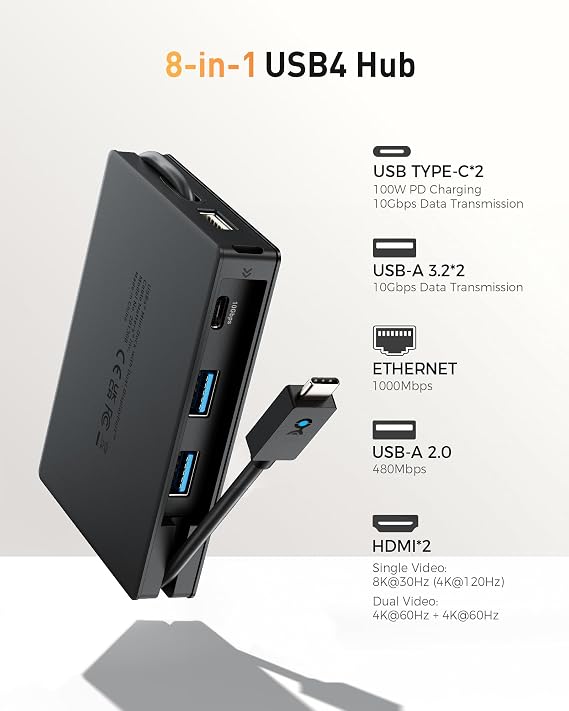 Cable Matters 8-in-1 Portable 40Gbps Dual HDMI USB4 Hub