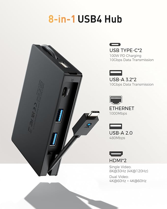 Hub USB 4 Cable Matters 8 en 1 Portátil 40Gbps Dual HDMI 100W PD miniatura 4