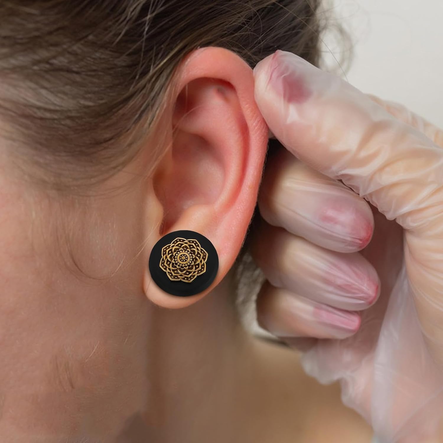 1 Pair Wooden Ear Tunnels 12mm Mandala Flower Coffee