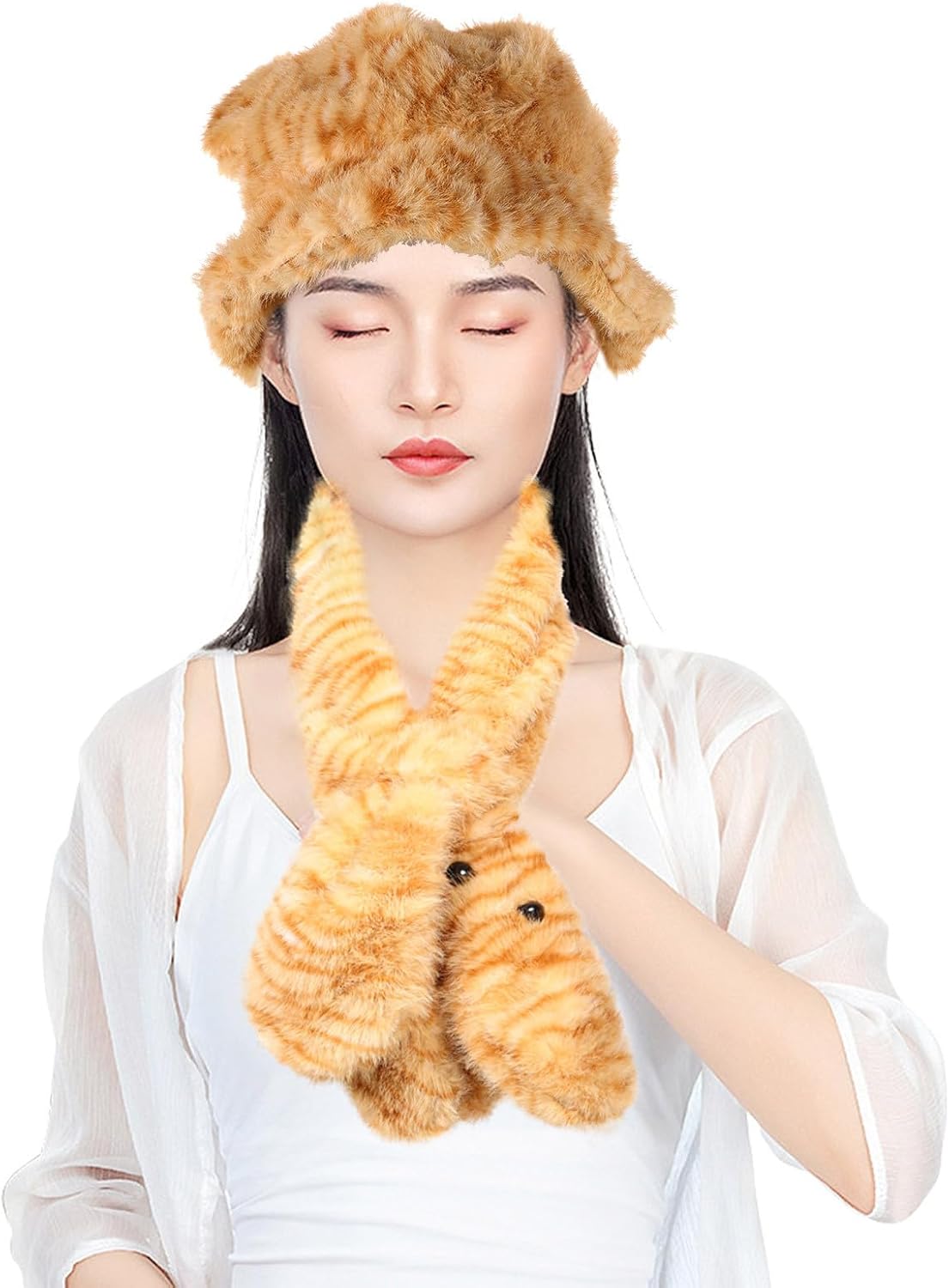 Plush Warm Hat and Scarf Set for Women, Cute Tiger Bucket Hat with Cat Ears and Soft Polyester Scarf, Versatile and Face-Flattering Winter Accessories for Cold Weather Light Brown