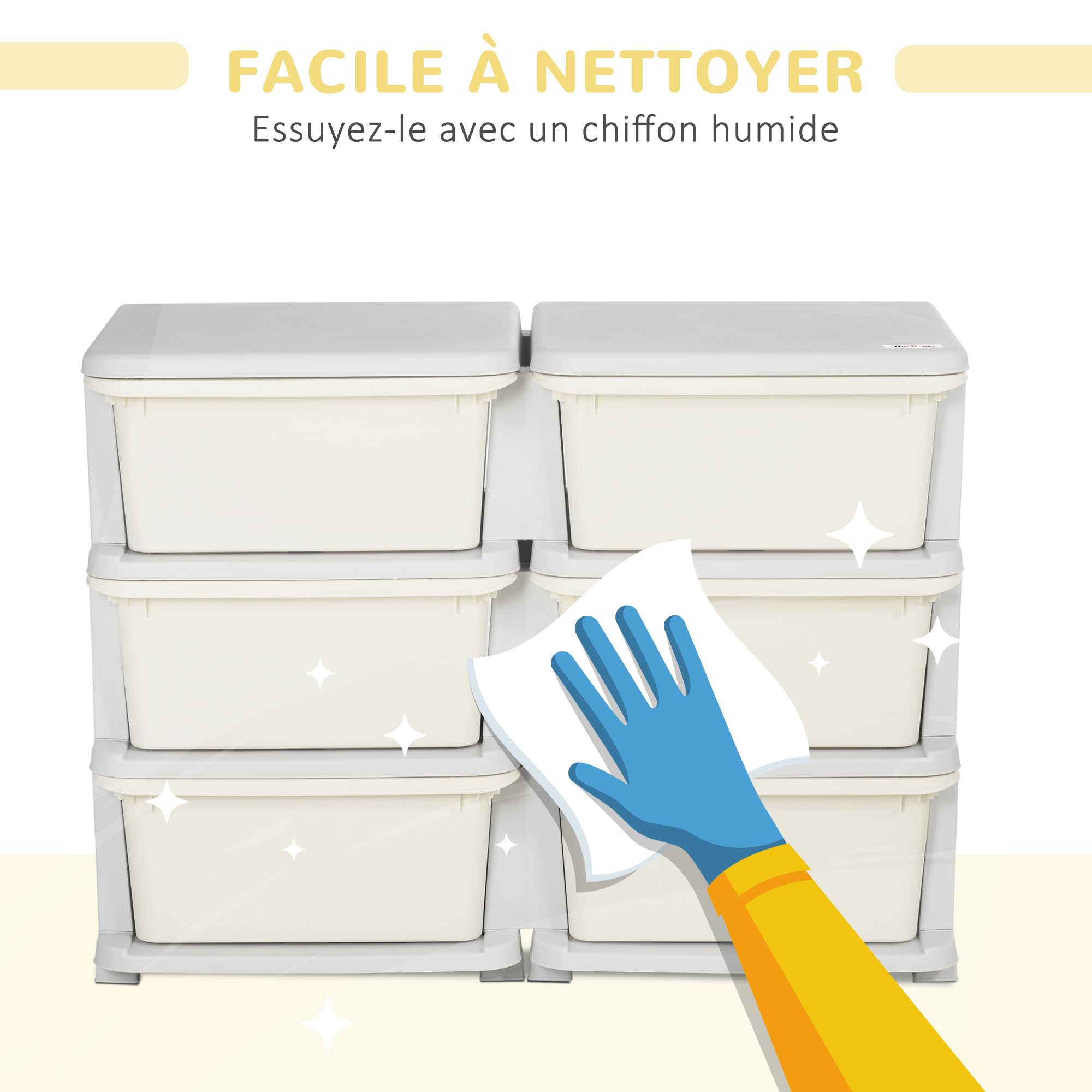 HOMCOM Tour de Rangement en Plastique pour Enfants à 3 Niveaux avec 6 tiroirs, boîtes de Rangement, tiroirs Rangement Jouet pour Chambre d'enfant, crèche, Salon, pour garçons et Filles 3-6 Ans, crème