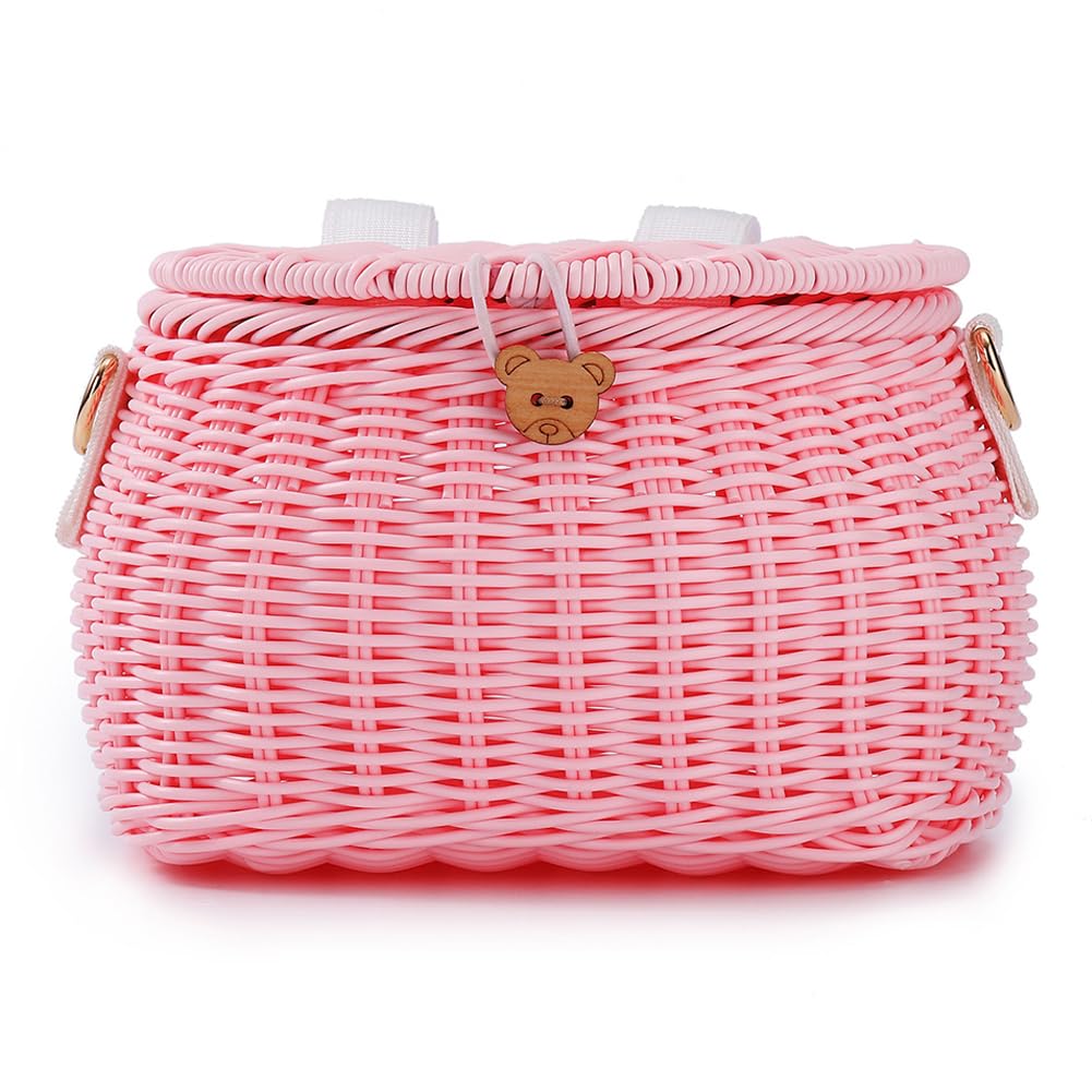 Cymwer Kids Bike Basket, Bike Scooter Tricycle Basket, Childrens Cycling Basket Woven Backpack with Lid Shoulder Strap, Rattan Basket for Kids Handlebar Bike Basket