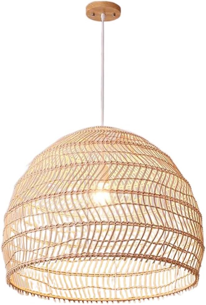 Lustre en panier de rotin creux beige avec abat-jour en bambou fait main