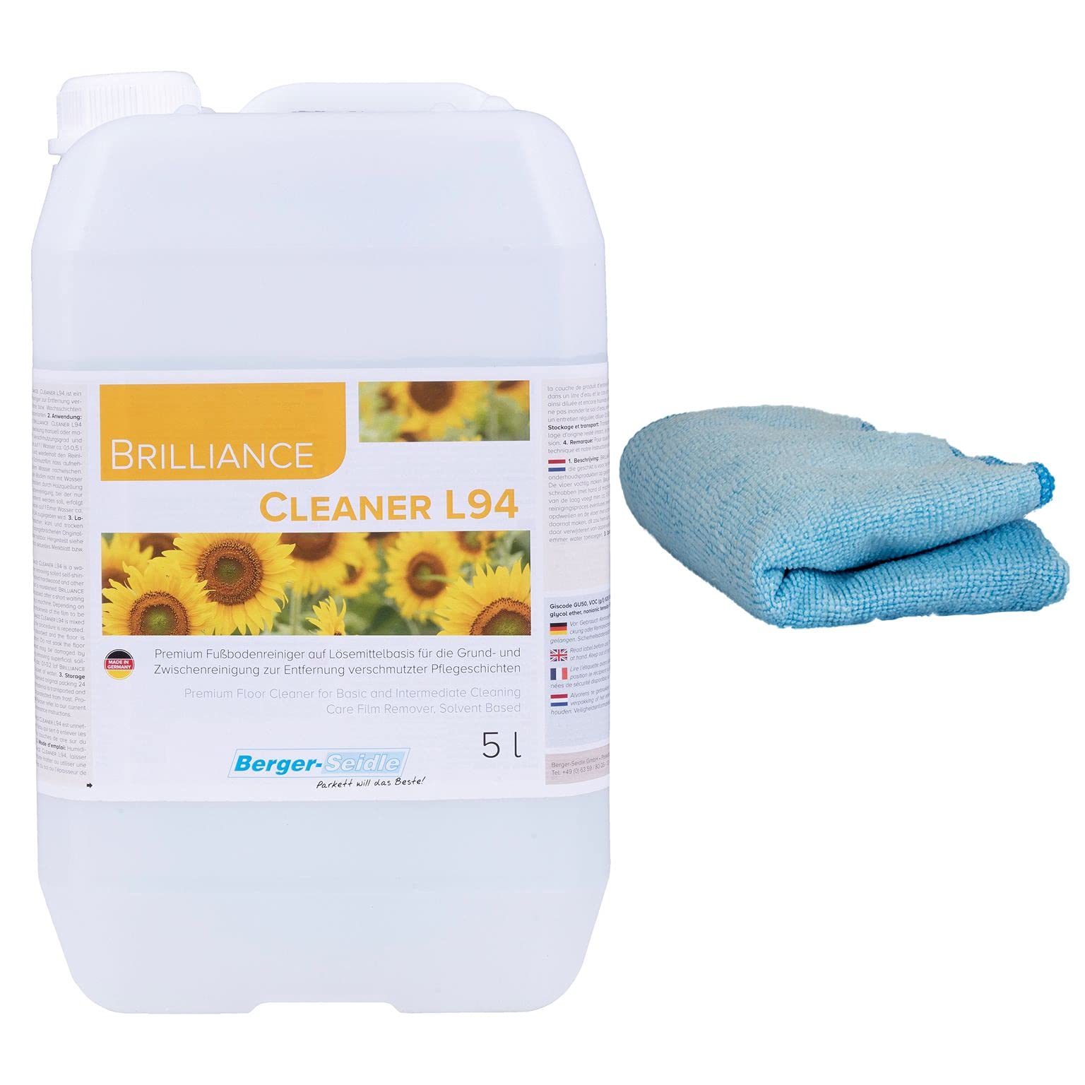Berger-Seidle Set per la cura del parquet | Rimozione della cera / Detergente "L94 Cleaner" | + 1 panno lucidante Premium 5 litri | Detergente base per parquet sigillato e pavimenti in legno