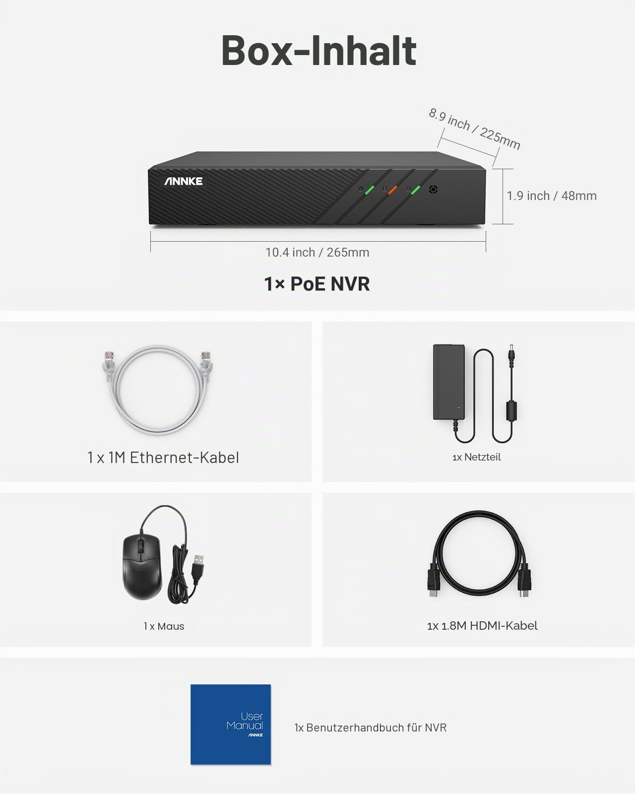 ANNKE 8CH PoE NVR Überwachungssystem Rekorder für 24/7 Aufnahme, Innen und Außen Sicherheit, unterstützt 8X 6MP/5MP/1080p/720p HD PoE IP Kameras, H.265+ (HDD Nicht enthalten)
