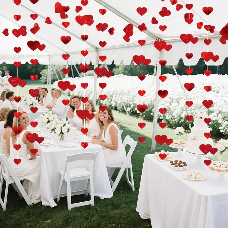 Image of Red Heart Garland Hanging Sparkling Love Streamer Glitter Bunting Banner Twinkle Heart Backdrop for Wedding Engagement Valentines Galentines Birthday Party Decor 40 Feet