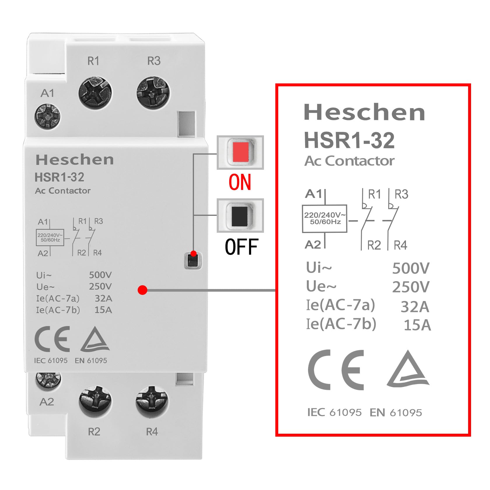 Heschen Stycznik AC dla gospodarstw domowych, HSR1-32, Ie 32A, 2-biegunowy, dwa normalnie zamknięte, napięcie cewki AC 220V/240V, montaż na szynie DIN 35mm, certyfikat TUV