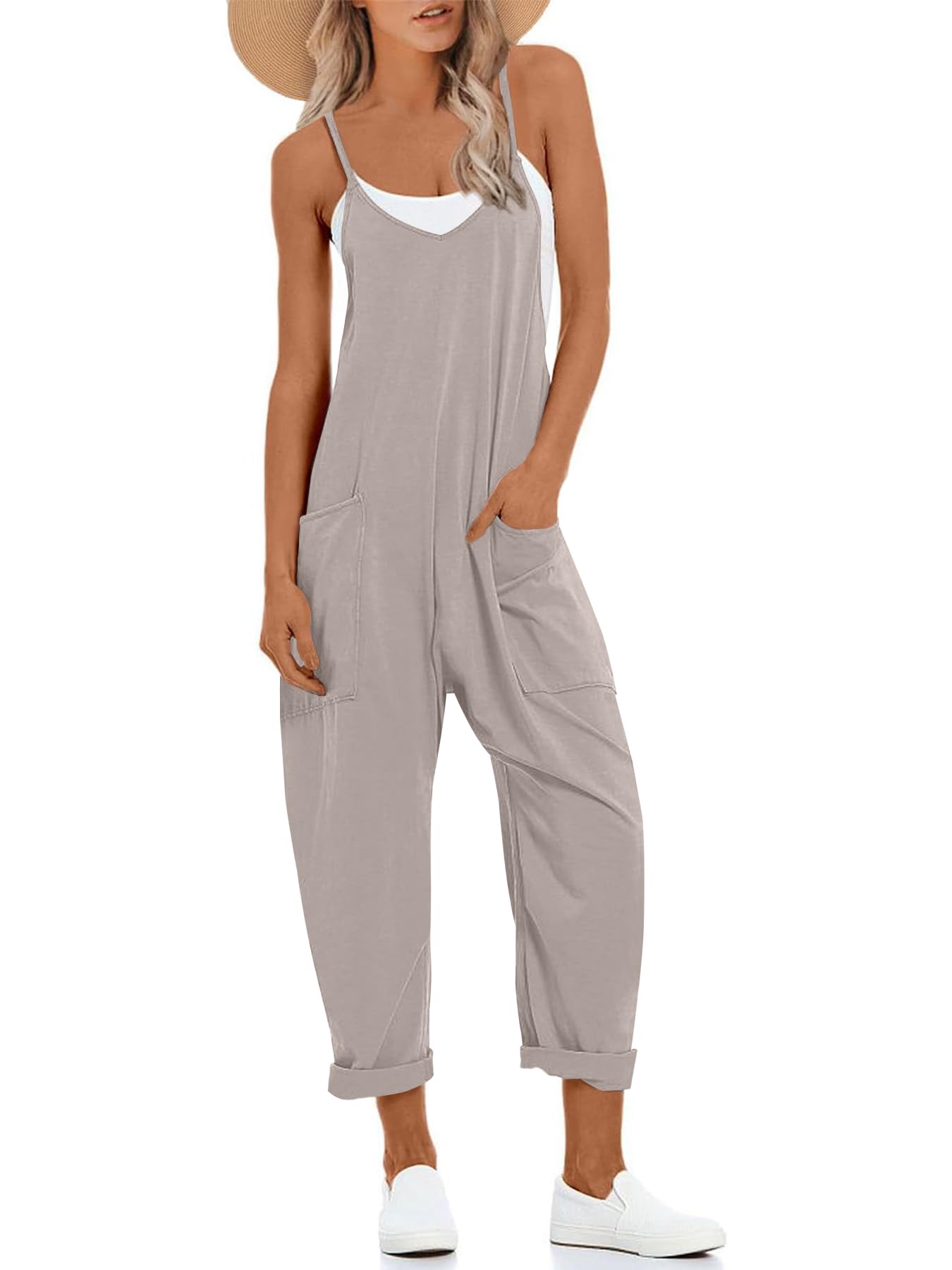 Muchpow Women's V Neck Sleeveless Jumpsuits Spaghetti Straps Harem Long Pants Overalls With Pockets