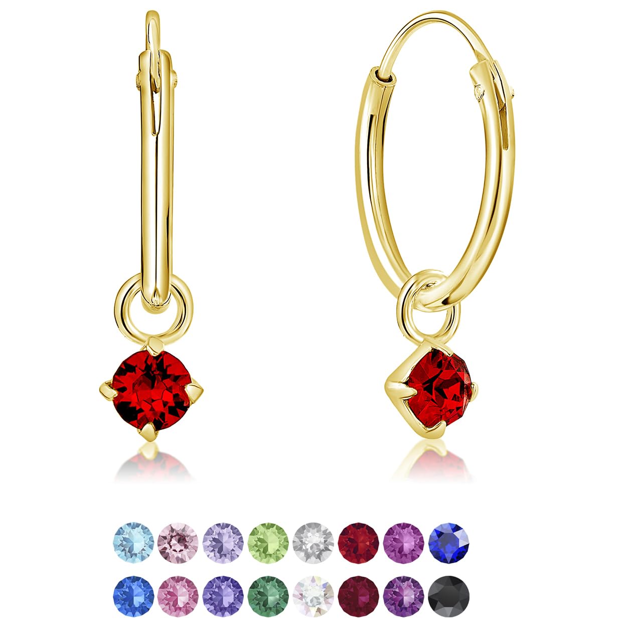 DTPsilver Pendientes de Aro Pequeños con colgante de 3 mm Cristal Swarovski® Elements - Plata de Ley 925 Plateado en Oro Amarillo - Diámetro 12 mm