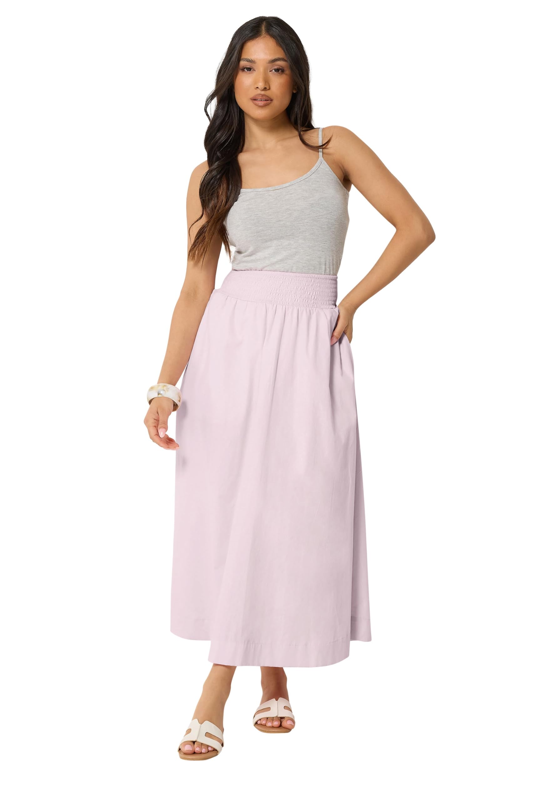 Pixiegirl Women's Baby Pink Petite Poplin Shirred Cotton Maxi Skirt In Size 14 Infant