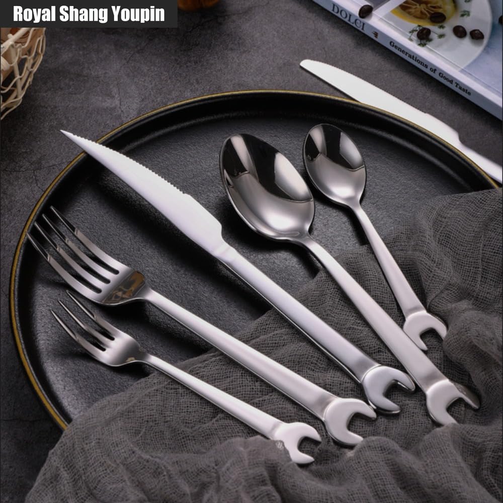 Chiave Unica Maniglia Cucina Acciaio Inossidabile Posate Stoviglie Posate Set Coltello Da Bistecca Forchetta Cucchiaio Cucchiaino (B,24 pezzi)