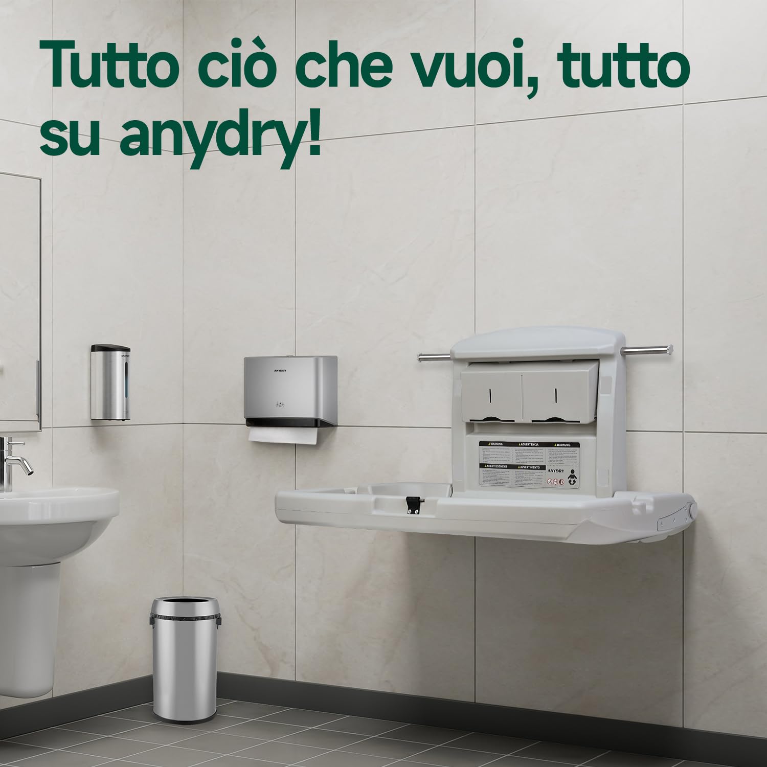 anydry Stazione per cambio neonati a parete resistente, Design Heavy-Duty con cinture di sicurezza, Ripiegabile per risparmio spazio, in elegante bianco grigiastro