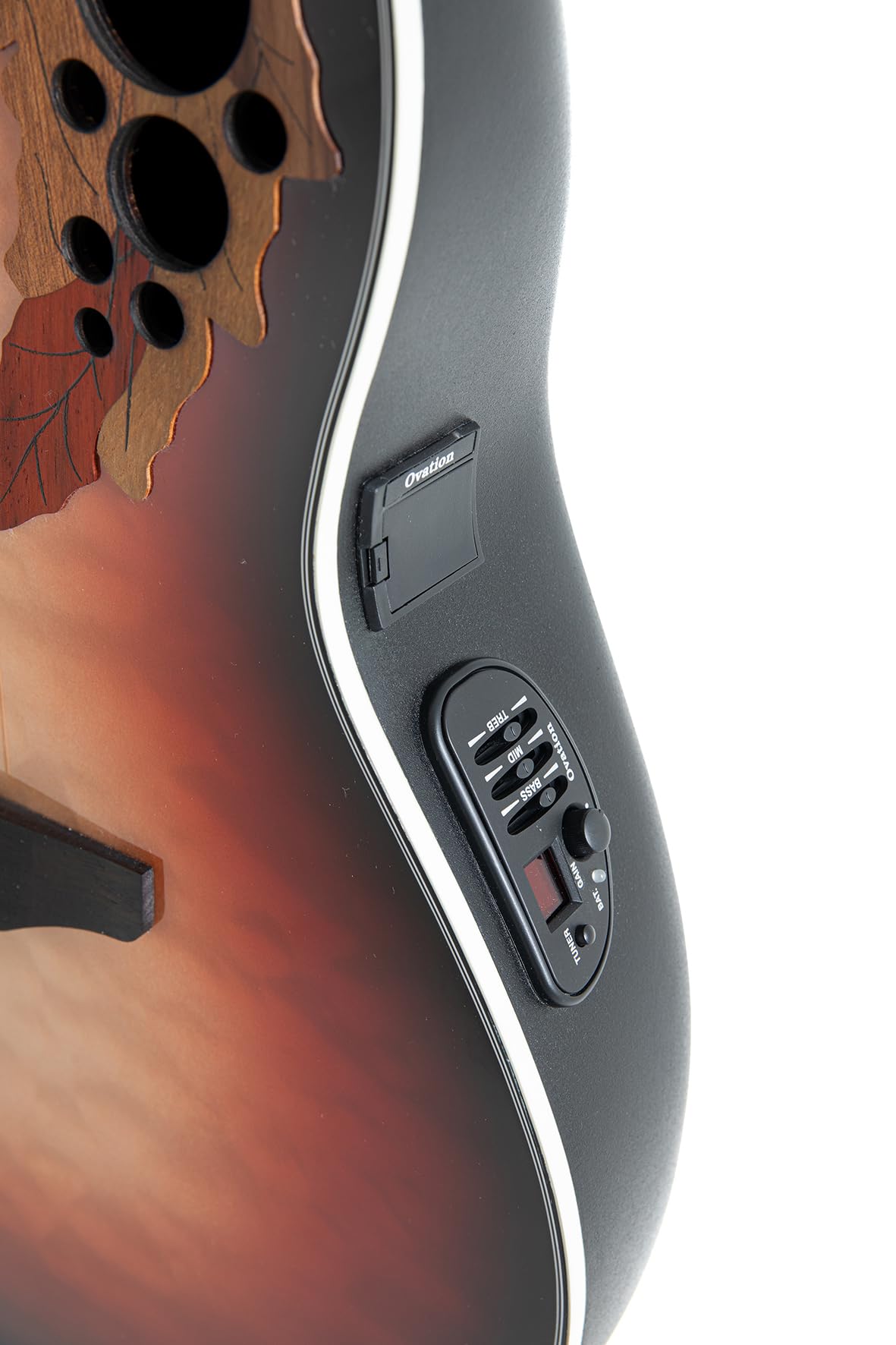 Ovation Chitarra acustica elettrica Celebrity Elite Plus CE44LX Mid Cutaway – Modello a mano sinistra – Coperta in legno pregiato – Mid-depth Lyrachord Body – Ruby Burst – CE44LX-1R-G
