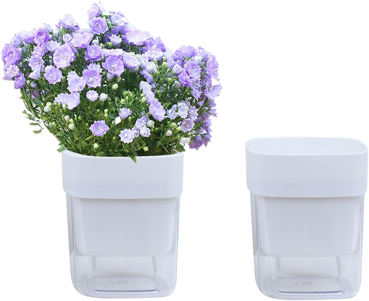 Self Watering Planter Pots Set, 2 Pack 6.2 Inch Sqaure Plastic Double Layers Flower Pot with Wick Rope for Indoor and Outdoor Plant (White)