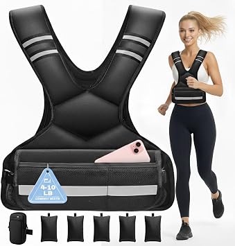 Adjustable Weighted Vest for Men and Women,4-10lb Variable Body Weight Vest for Home Workouts, Running, Rucking, HIIT & Strength Training, Removable Ironsand Weights, Reflective & Pockets