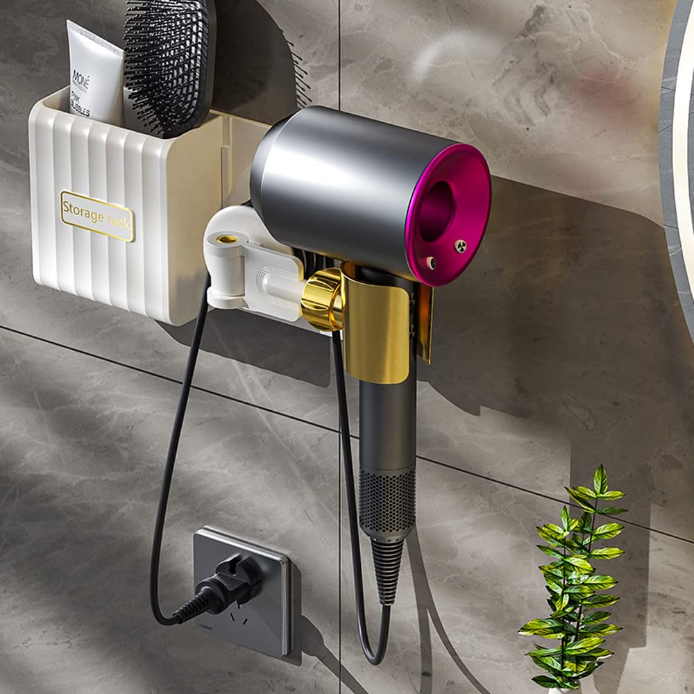 Hair Dryer Wall Mount Holder with Storage Box with Swivel Arm Holder Free Your Hands White