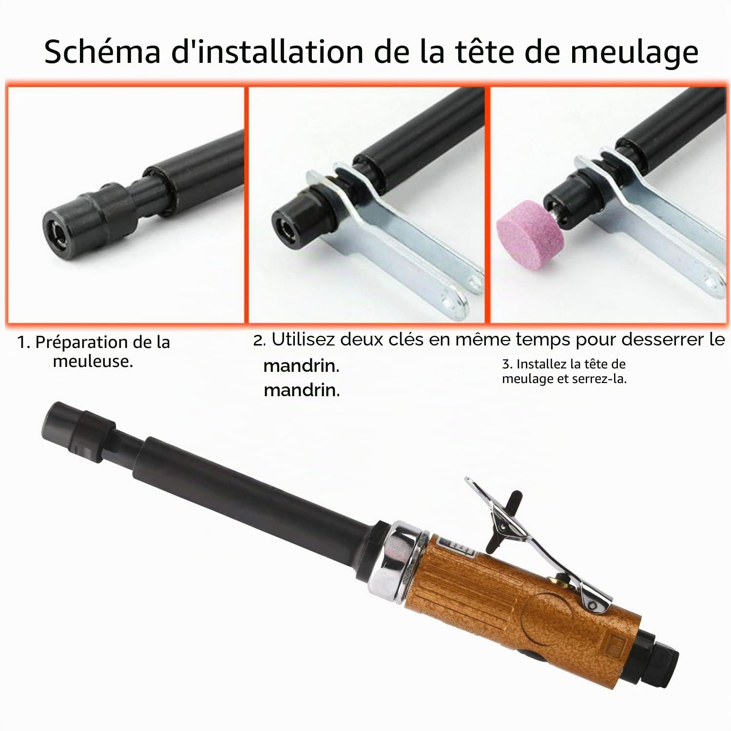Ponceuse droite à air comprimé longue, ponceuse à air comprimé avec deux mandrins (1/4" et 1/8"), vitesse de rotation à vide : 25 000 tr/min, or