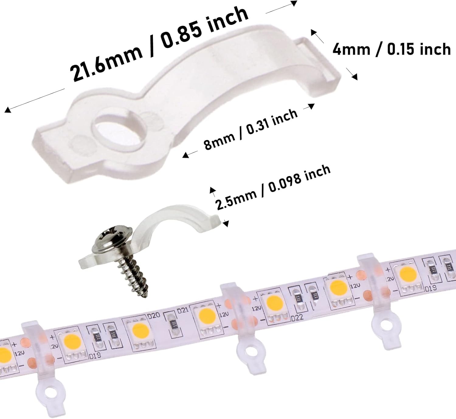 VIPMOON 100pcs Led Light Strip Mounting Clips 8mm Wide Strip Light Mounting Brackets Led Light Holder Fixing Clips for IP65 Waterproof 3528 2835 LED Strip Light, 100pcs Screws Included