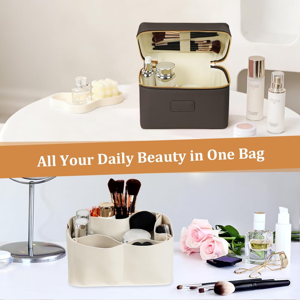 Bolsa de Aseo Mujer Maquillaje, Bolsas de Cosméticos de PU, Bolsa de Lavado de Viaje, Organizador Grande para Maquillaje, Neceser Makeup Bag Multifuncional, Regalo Ideal para Mujeres, Café Claro