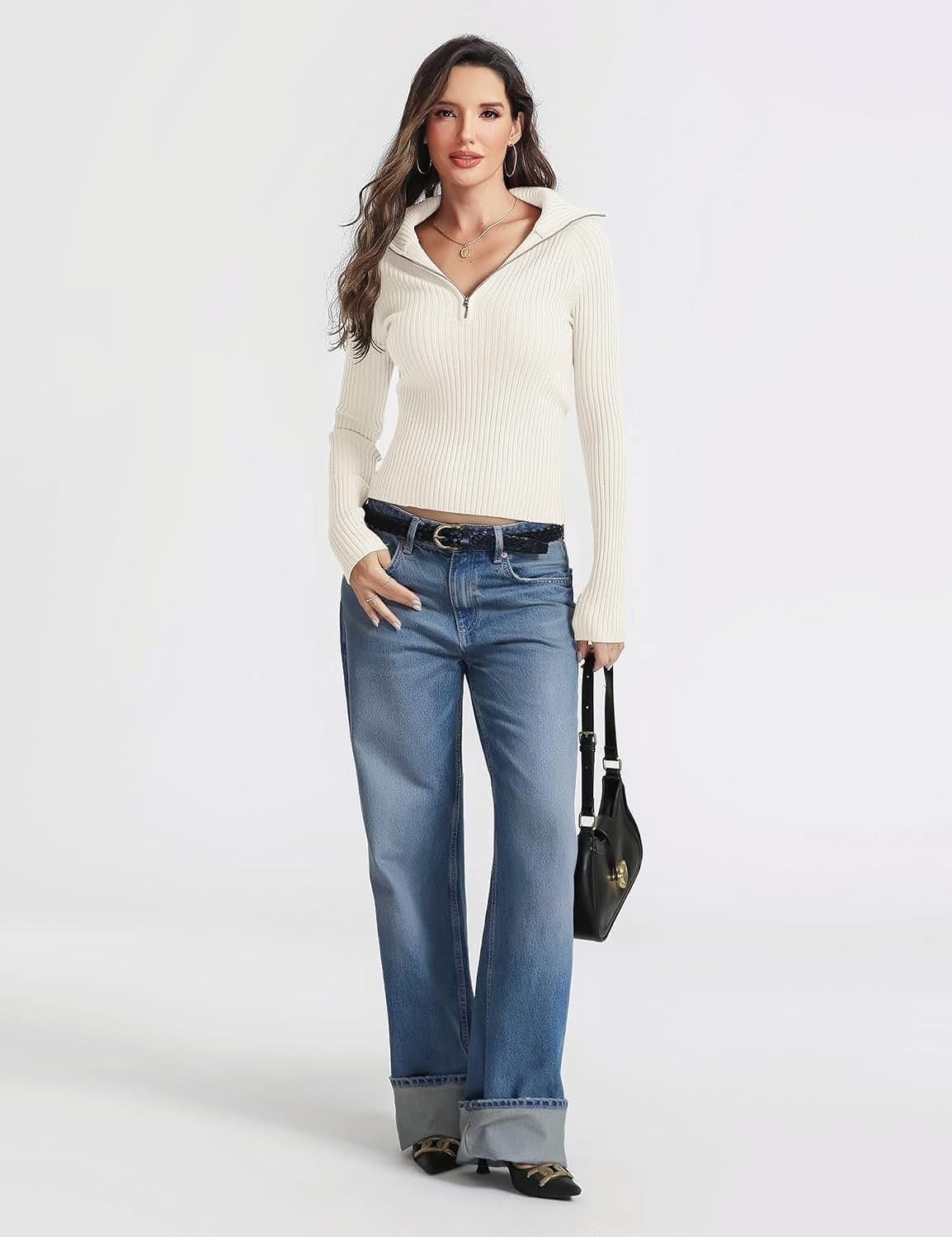 Prettywear 2025 Women's Half Zip Pullover Sweaters V Neck Collared Long Sleeve Ribbed Knit Fall Tops Dressy Casual - Image 3