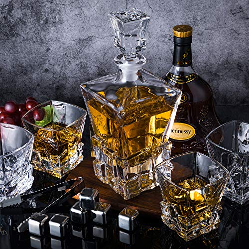 Youyah Whiskey Decanter Set With 4 Crystal Glasses,8 Stainless Steel Ice Cubes & Tong,Whiskey Gifts For Men,Rocks Glass,Lowball Bar Glass For Brandy,Cocktail,Vodka,Bourbon,Cognac #TOP2
