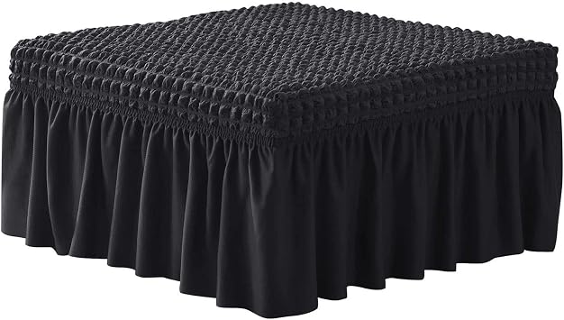 Stretch Seersucker Fabric Ottoman Cover, Rectangular Footrest Stool Cover Soft with Skirt Storage Ottoman Slipcover Furniture Protector Foot Stool Cover-Black-Large