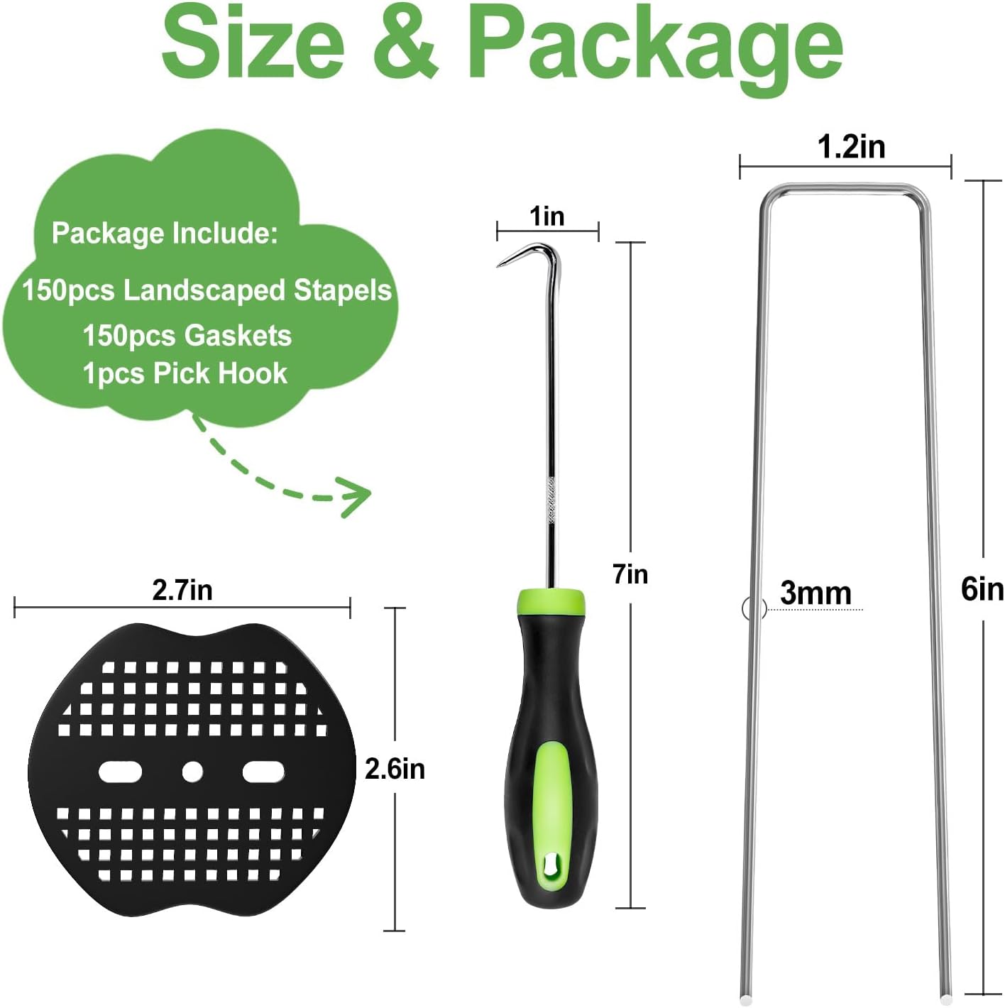 FOTMISHU Landscape Staples 6 Inch 150Pcs Garden Stakes +150pcs Gasket, Galvanized Lawn Pins Spray Coating Yard Ground Spikes, U-Type Staples for Weed Barrier Anchoring Outdoor Tents Hoses
