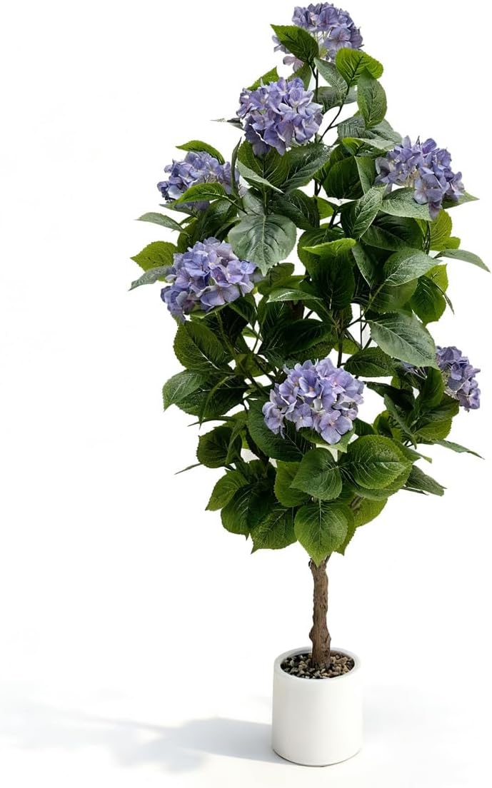 5ft Faux Hydrangea Tree, Artificial Hydrangea Tree Indoor, Fake Silk Hydrangea Plant with Light Purple Flower, Potted Flower Tree with White Planter for Home Office Yard Garden Wedding Decor